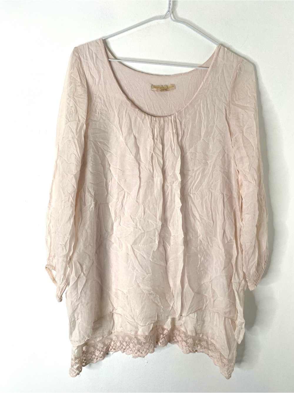 Light Pink 100% Silk Lace Hem Layered Boho Tunic Blouse Prontomoda Giusy Italy